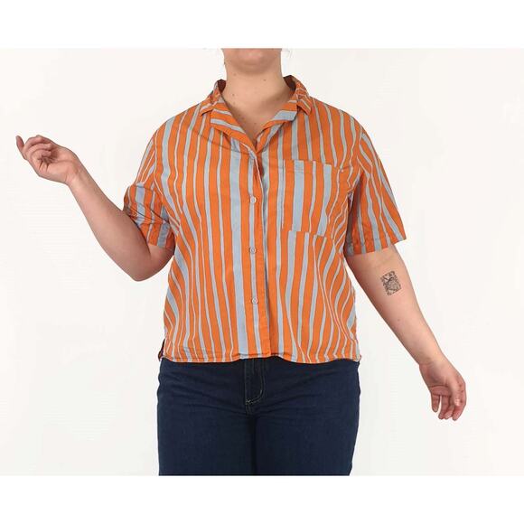 Marimekko + Uniqlo Short Sleeve Collared Striped Shirt Orange Womens Size XS - Picture 1 of 6